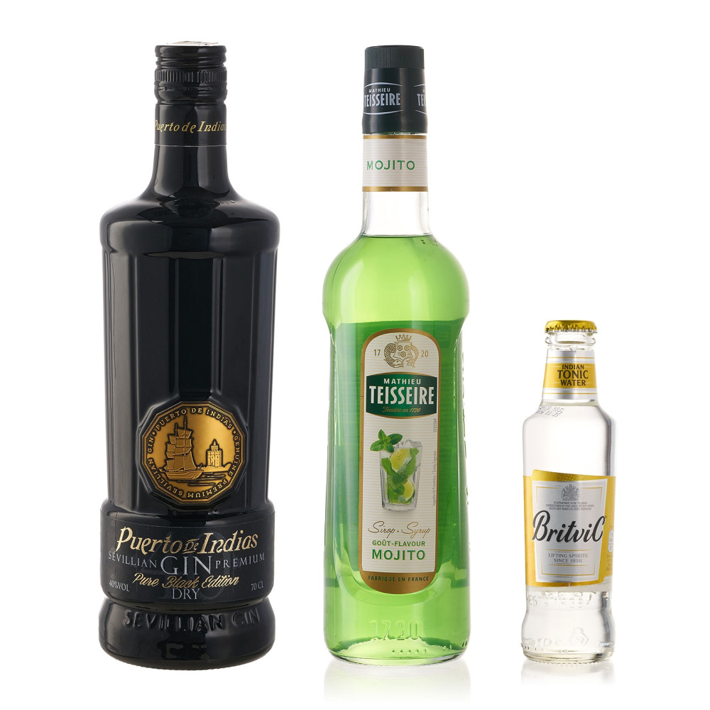 Puerto de Indias Black GIn + Sirop Mathieu Teisseire Mojito + Britvic Tonic Water L/C Cocktail