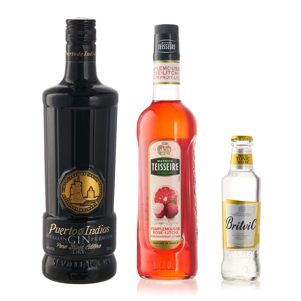 Puerto de Indias Black Gin + Sirop Mathieu Teisseire Grapefruit+Lychee + Britvic Tonic Water L/C Cocktail